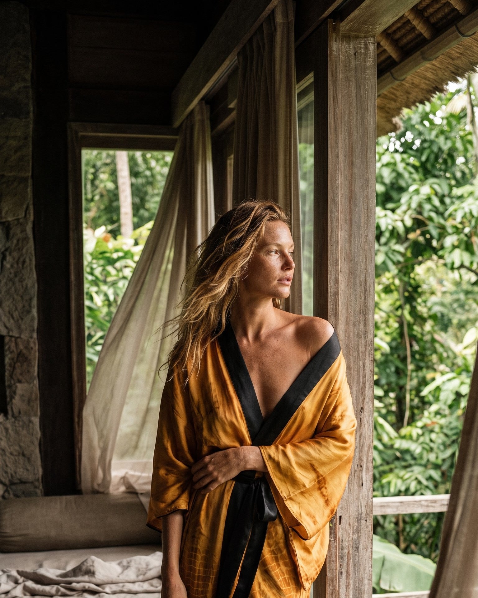 Kasumi Soul kimono in amber flux silk, worn at the window as evening falls