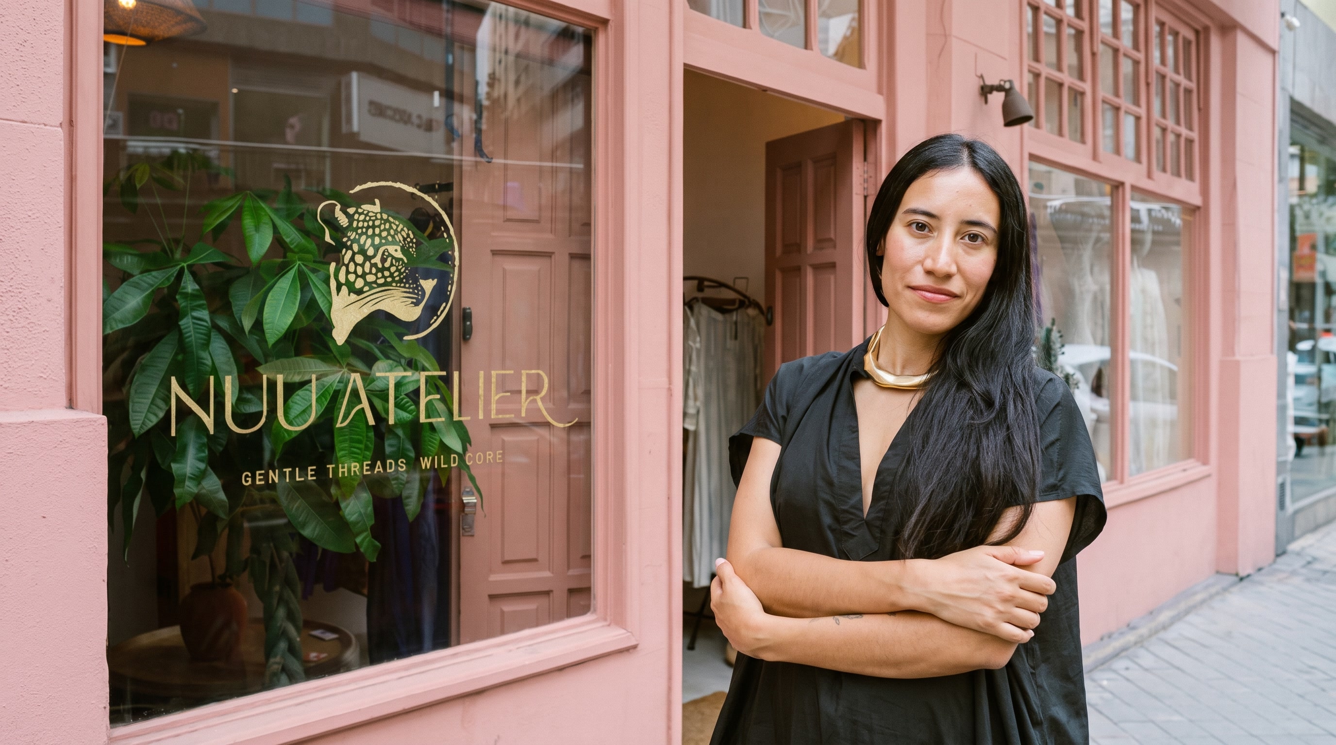 Andrea at the Nuu Atelier storefront on Rúa Juan Flórez, A Coruña