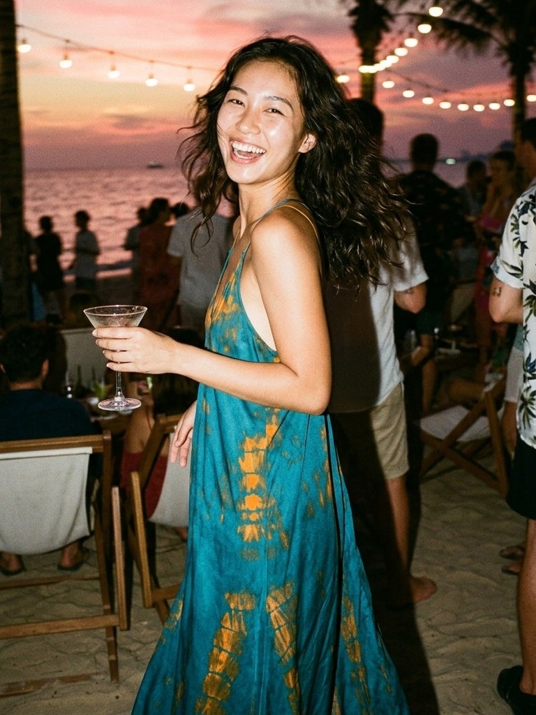 Sunset Spell worn at a Hanoi beach evening under string lights