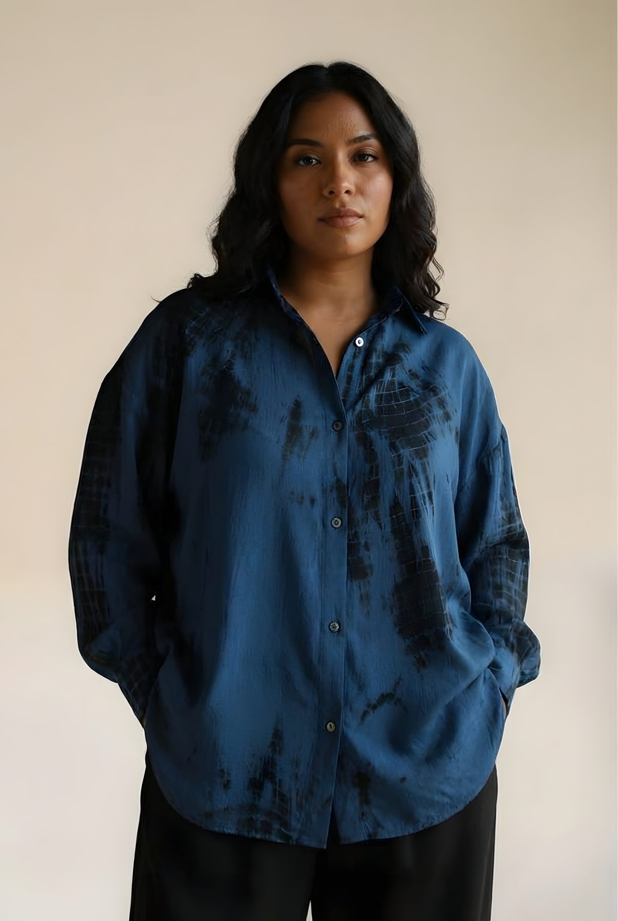 Jazz Chemise in Sapphire Flux, worn standing, hands in pockets